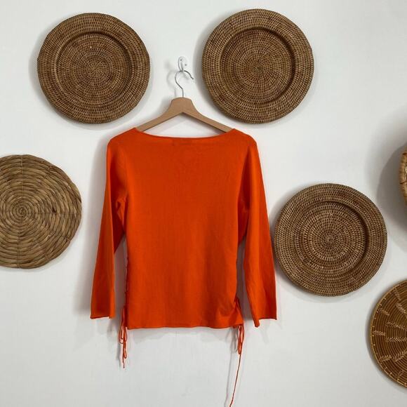 Y2K 2000s Cable & Gauge Orange Side Cinched Ruched Square Neck Knit Sweater L - Picture 2 of 7